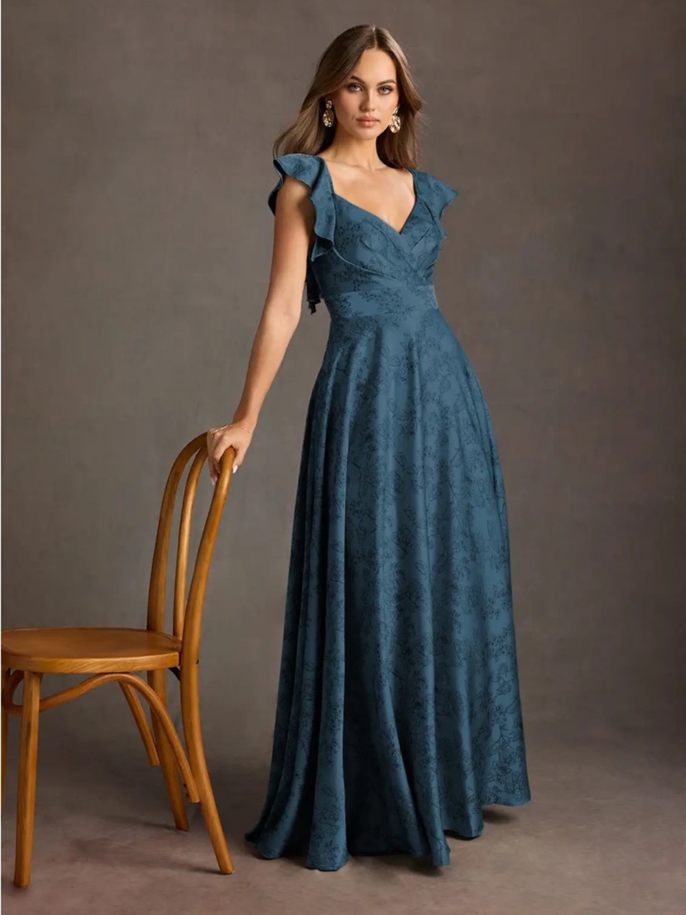 Azazie Teal Blue V-Neck Ruffle Sleeve Wedding Gown